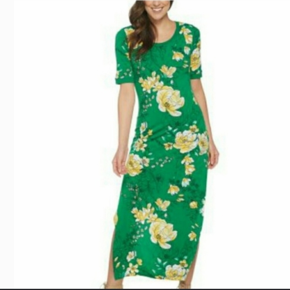 G.I.L.I Kelly Green Yellow Floral Shortsleeve Resortwear Maxidress w/Sid…